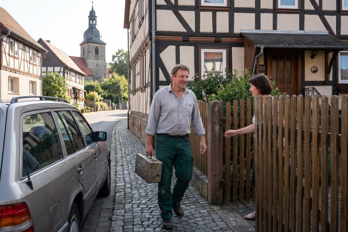 Fachkraft auf dem Weg zu einem Fachwerkhaus – Beispielbild