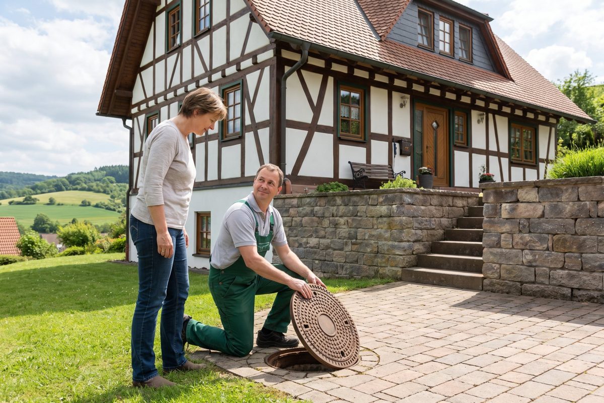 Fachkraft öffnet einen Kontrollschacht am Hanghaus – Beispielbild für Grünberg
