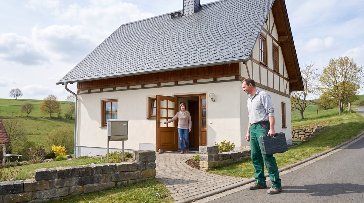 Fachkraft wird an der Haustür eines Hauses am Ortsrand empfangen
