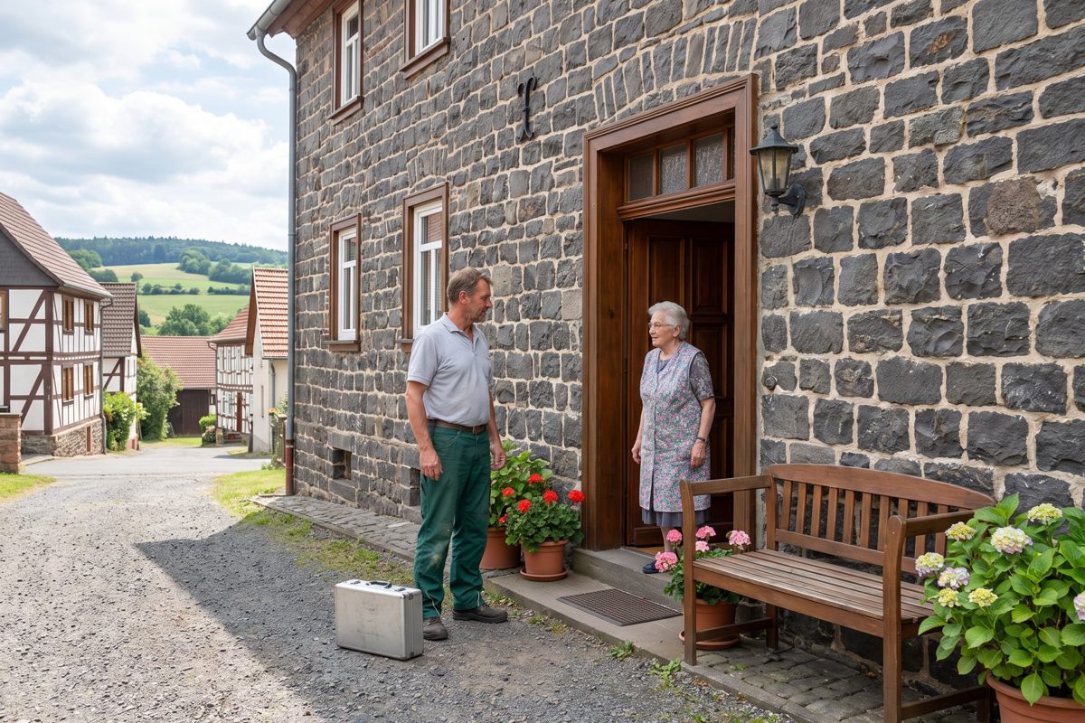 Fachkraft im Gespräch an der Haustür eines Natursteinhauses – Beispielbild